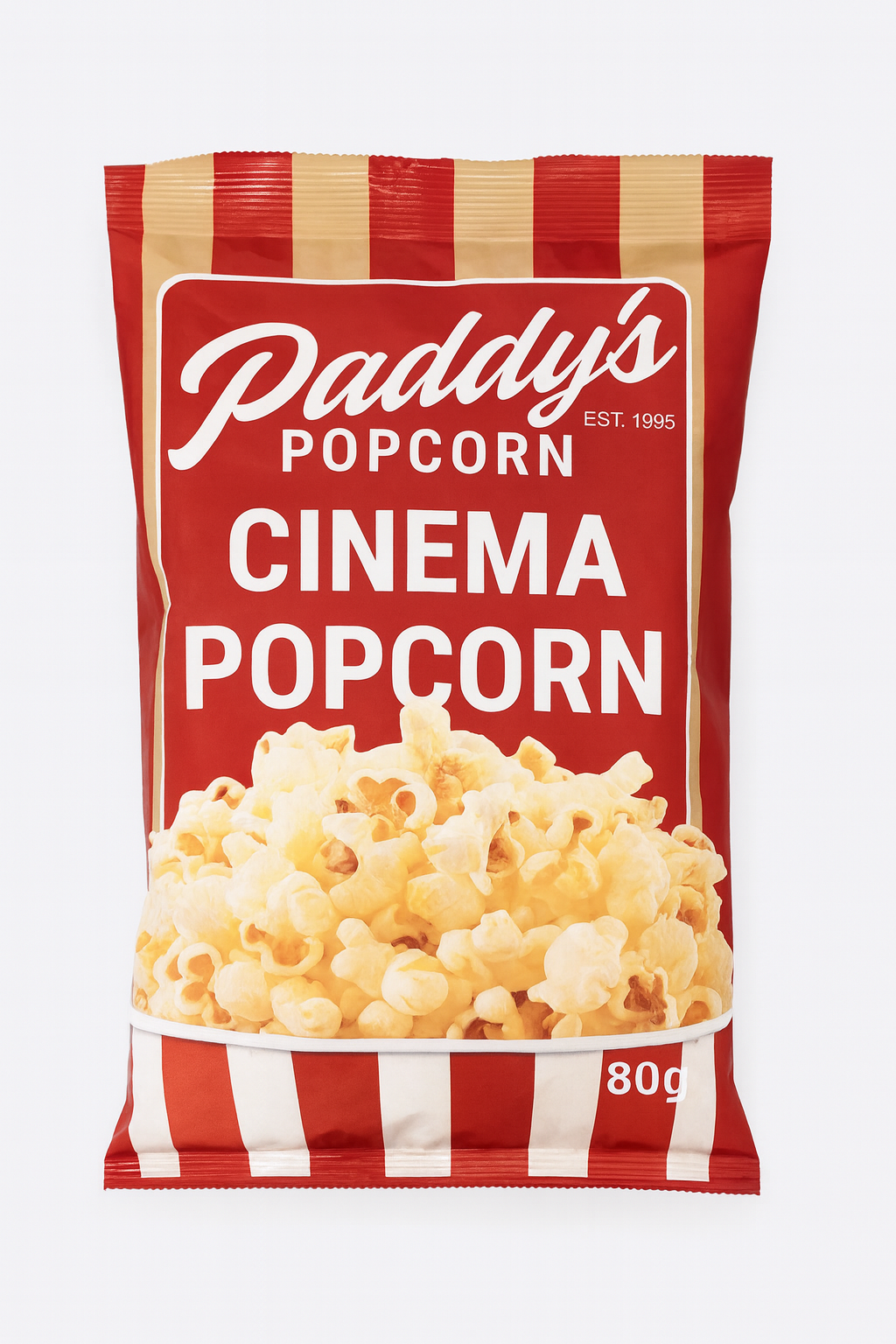 Paddy's Popcorn Cinema Popcorn packaging with red and white striped design.