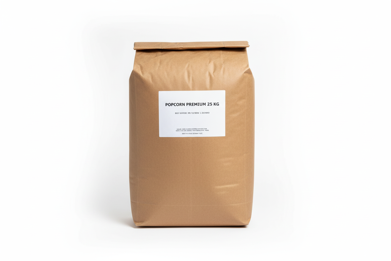 Professional 25kg popcorn premium maize bag on white background